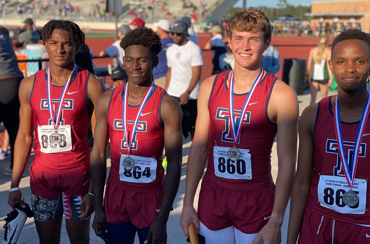 The Tompkins’ 4x100 relay team is pictured after placing second at the Region III-6A track and field meet April 24 in Humble with a time of 40.71 to Alief Taylor’s 40.70. From left to right is senior Marquis Shoulders, junior Joshua McMillan II, junior Blake Harris and senior Mark Ngei.